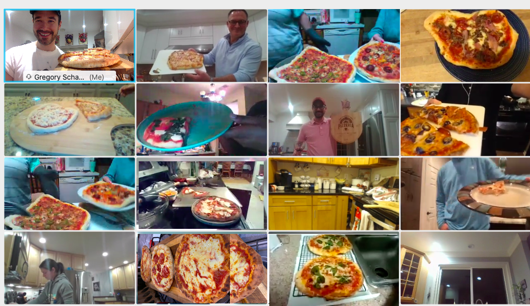 Online cooking class participants showing their homemade pizzas.