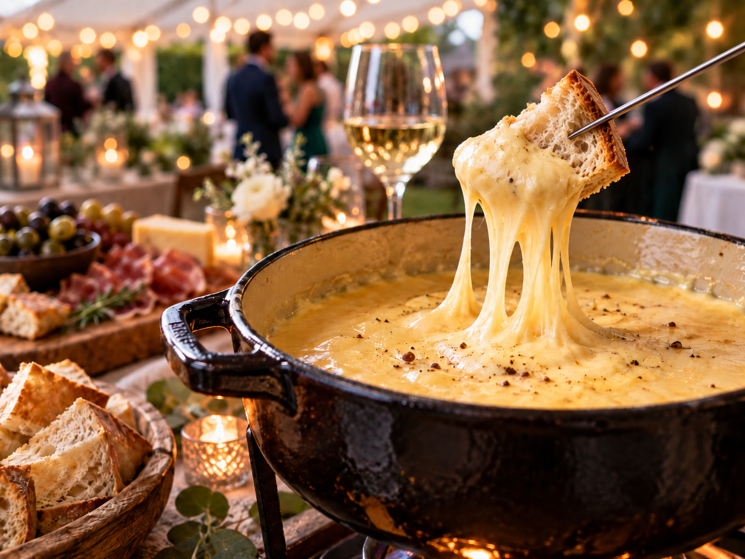Bread lifted from a pot of hot melted cheese at a busy fondue table.