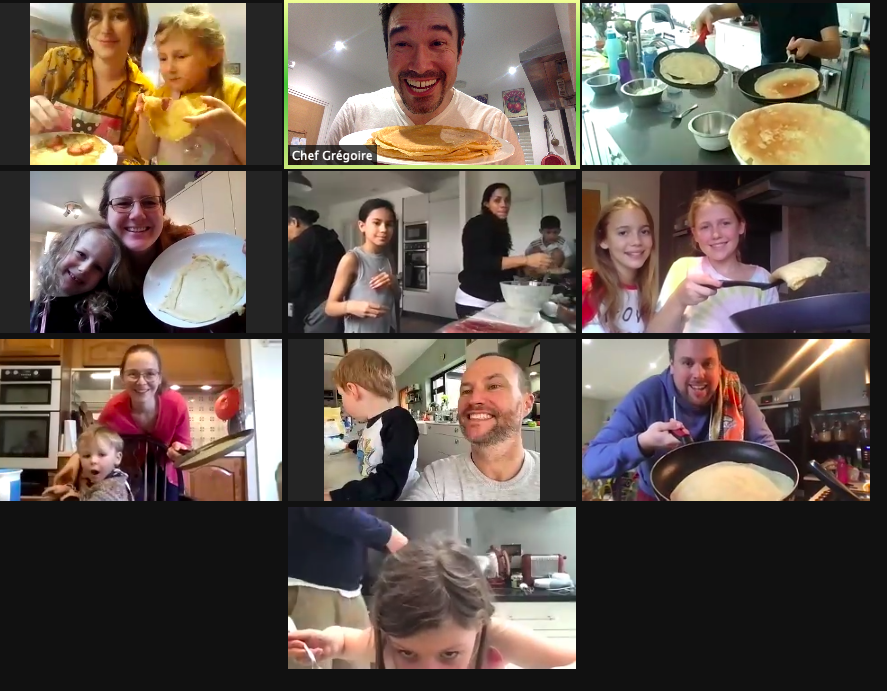 A grid of home cooks joining one of Gregory's online cooking classes.