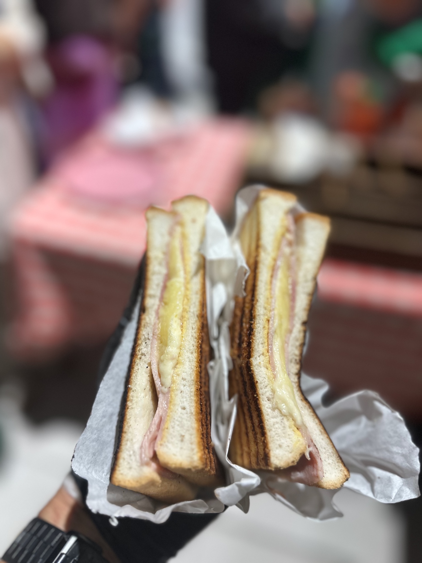 Hot toasted cheese sandwiches held up ready to serve.