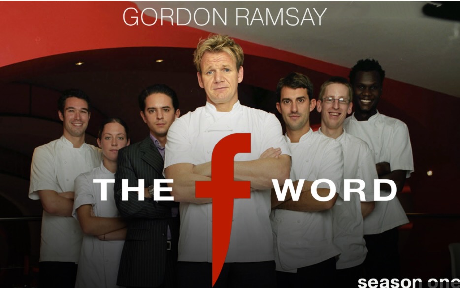 The F Word season one promotional image with Gordon Ramsay and his brigade.