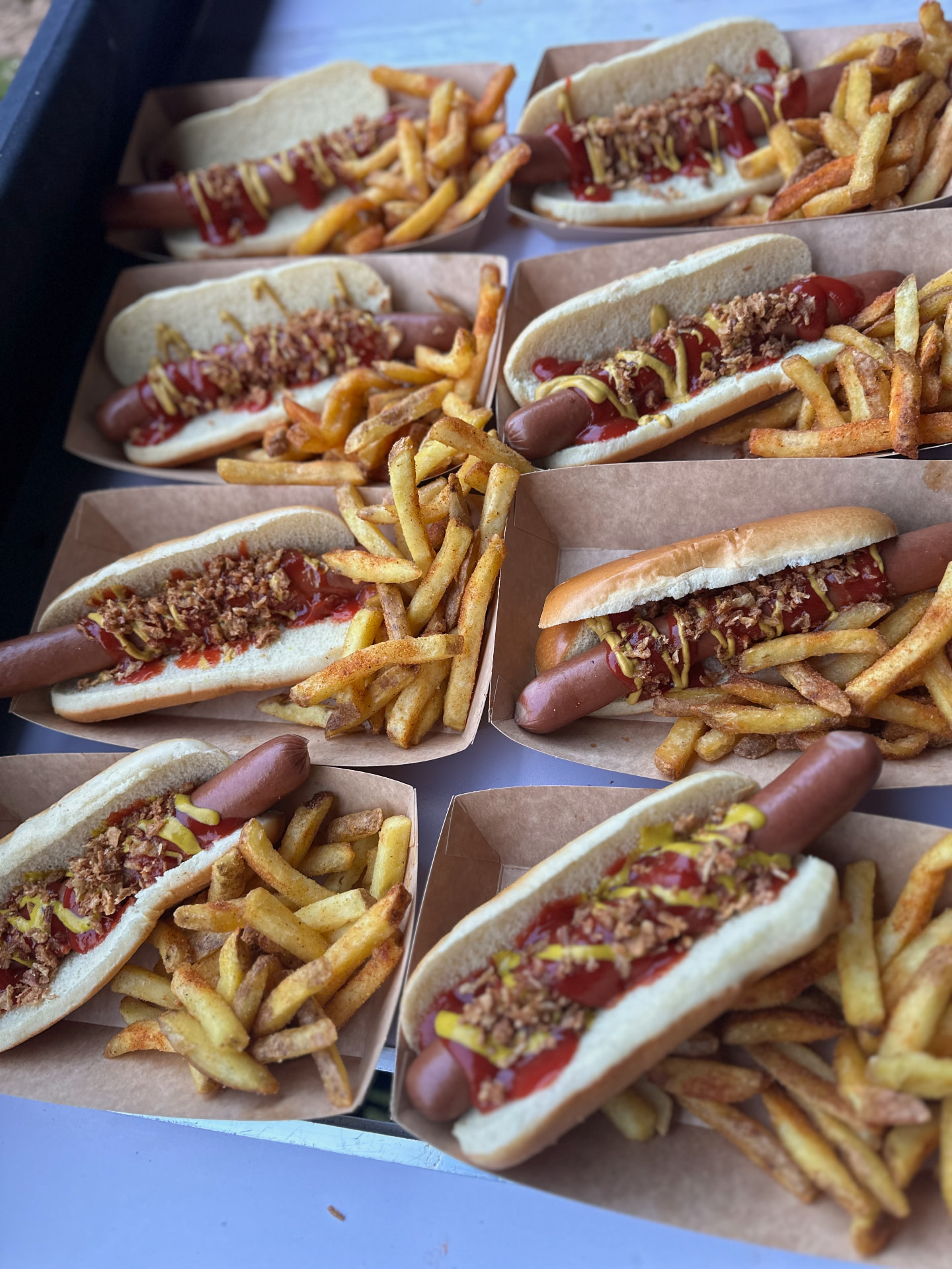 A crowd-ready spread of loaded hot dogs and seasoned fries.